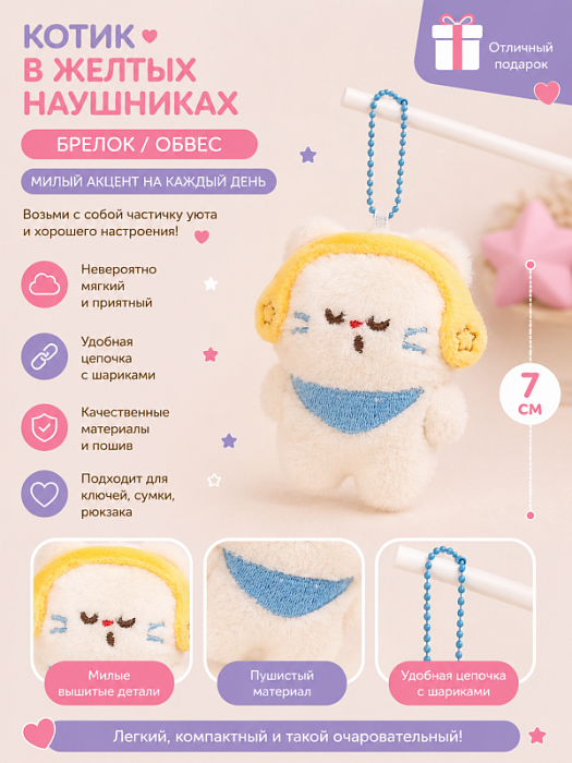 Брелок / обвес Котик в желтых наушниках